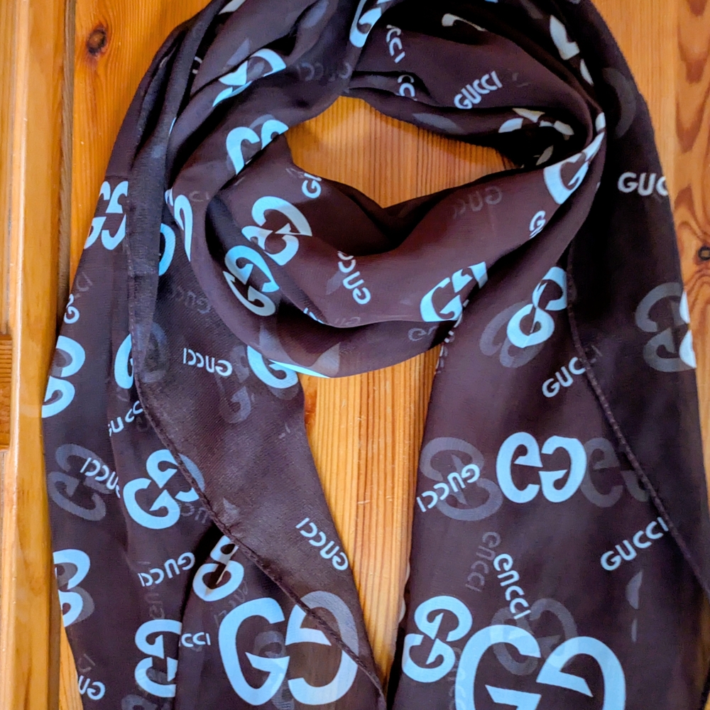 Gucci Black Scarf with Light Blue Logo Print